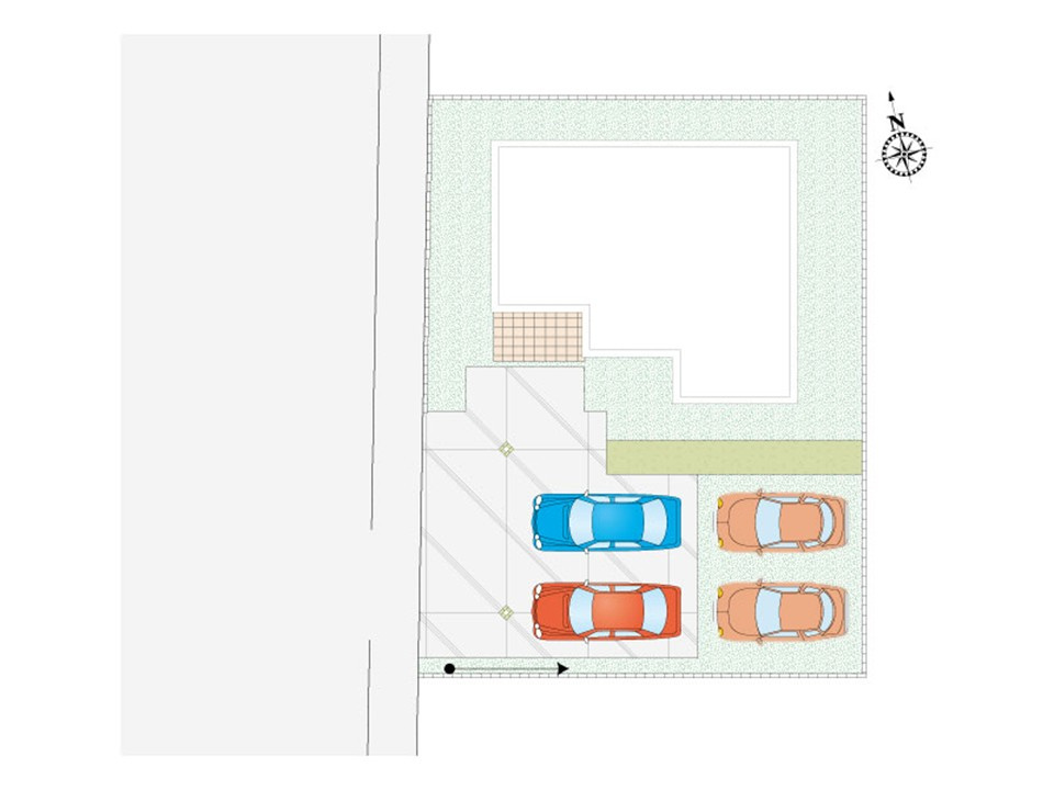 【２号棟　配置図】車の駐車以外にも使える広々スペース。プランターでお花を育てたり、家庭用プールを広げてお子様と楽しむのも良いですね。
