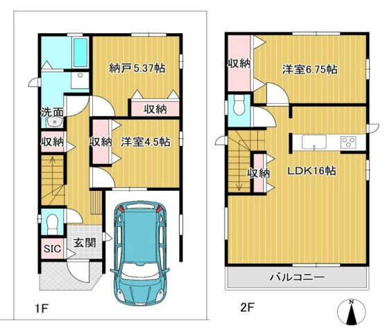 【間取り】 | 八尾市山本町南6丁目 | 2階建て♪【2SLDK＋車庫】食洗機・浴室乾燥機・TVモニターホン完備☆複層ガラスサッシ、24時間換気システム、シックハウス対策☆収納充実です♪