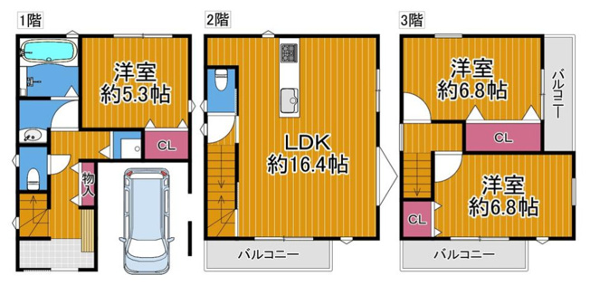 【間取り】 | 八尾市上之島町北1丁目 | 【全洋室3LDK＋車庫】玄関、開け閉めしやすい引き戸仕様♪バルコニー3ヵ所☆トイレ2ヵ所♪小・中学校、徒歩10分圏内です♪