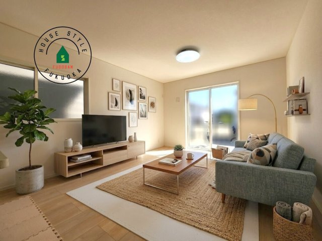 福岡市西区野方5丁目第15-2棟（1号棟）の内観：施工例|明るく開放的なリビングダイニングは豊かな陽光が注ぎ込み、やすらぎの空間を演出してくれます。ご家族で楽しいひとときをお過ごし下さい。※家具はCGを合成したものです。