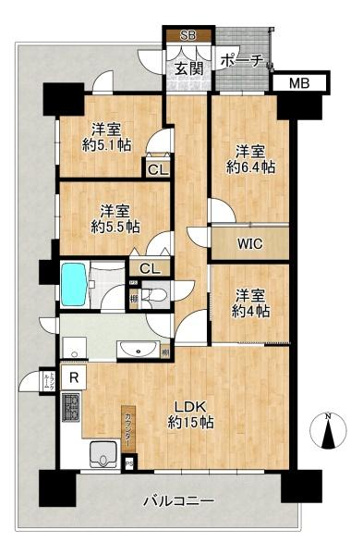 【間取り】 | ルネ住道　中古マンション | 引き回しバルコニーで陽当たり・通風良好♪収納豊富なウォークインクローゼットは洋服や小物類等目的に応じてすっきり美しい収納を実現します。