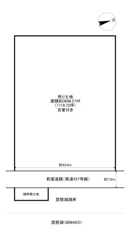 奥琵琶湖 湖岸売り土地の土地図|奥琵琶湖の周遊道路沿いにある湖岸土地付きの売り土地です。