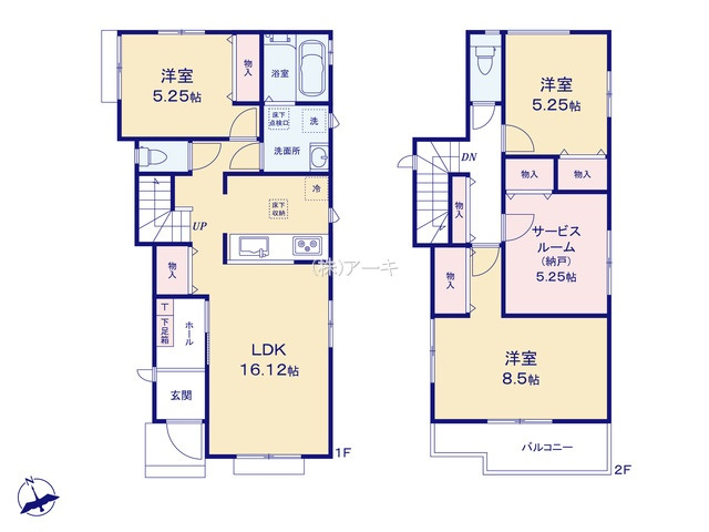 刈谷市荒井町2丁目7番23『仲介手数料無料』新築一戸建て・建売の間取り|　A号棟　1F:LDK16.12帖！ダイニング物入♪家族が集まるリビングイン階段♪洋室5.25帖　物入設置♪2F:洋室8.5帖‣洋室5.25帖　物入設置♪納戸5.25帖　物入設置♪南面バルコニー♪