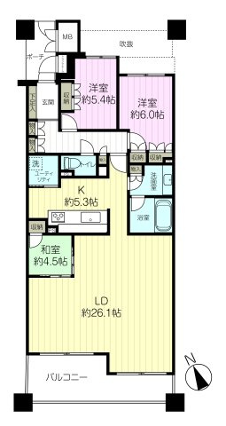 アーバンビュー芦屋山手A棟の間取り|専有面積101.01㎡、バルコニー面積15.23㎡