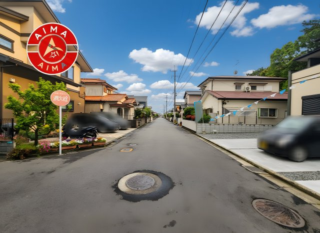 古賀市花見南3丁目第4-1棟（1号棟）の前面道路含む現地写真|前面道路は閑静な住宅地をはしる車通りの少ない道路。お車の出し入れが苦手なママや小さなお子様にも安心ですね。しっかり舗装もされているので、ベビーカーや自転車で通っても快適に通行できます。