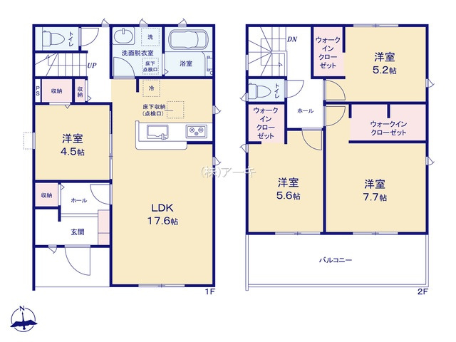 東海市富木島町北島16-2『仲介手数料無料』新築戸建ての間取り|　2号棟：LDK17.6帖に隣接する洋室4.5帖はお子様の遊び場・奥様の家事室に便利！ホール収納♪土間収納♪2F：洋室7.7帖・洋室5.6帖・洋室5.2帖　WIC設置！南面ワイドバルコニー♪