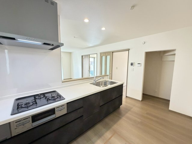 静岡市葵区田町７期　新築戸建　全７棟　A号棟のキッチン|落ち着いた色合いでまとめた対面キッチン。作業スペースも広く、リビングを見渡しながらお料理できます。