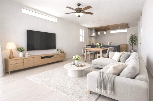 【内装】 | 糟屋郡第3志免町志免3丁目　1号棟（全1棟）【仲介手数料無料・0円】 | 施工例。リビングです。施工例は完成時と異なる場合があります。