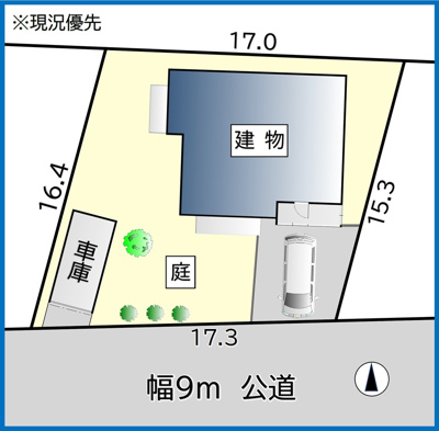 【区画図】 | 余市町黒川町16丁目 一戸建 | 南向80坪の広々敷地♪舗装駐車スペース＋車庫付き♪