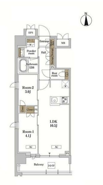 RJRプレシア蒲田の間取り|南向きバルコニーの2LDK