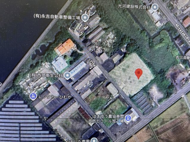 串間市南方　工業専用地域内の3300㎡を超える土地です|赤くポイントしている箇所が当該地です