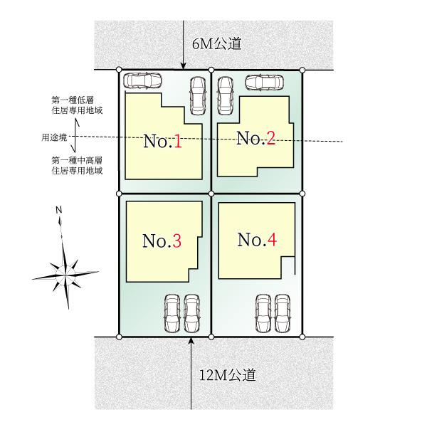 【GRAFARE　ZEH水準仕様】小平市栄町６期の区画図|陽当りの良い道路に面したお住まい。道路幅も広めで、開放感たっぷり♪カースペース２台分ございますので、家族分の自転車を駐輪したり、来客用の駐車スペースとしてもお使いいただけます☆