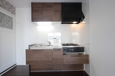 レンジフード付の3口ガスシステムキッチン