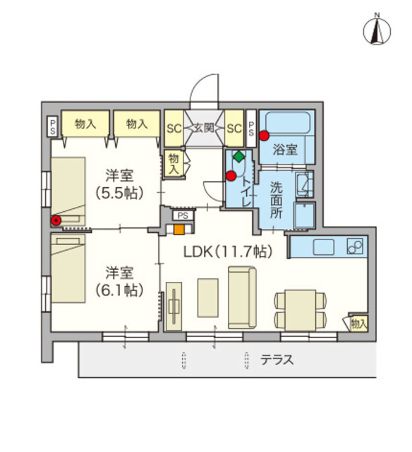 （シニア限定）Village Daishi Hills 四番館の間取り|南向き／１Fは庭付きのテラスです