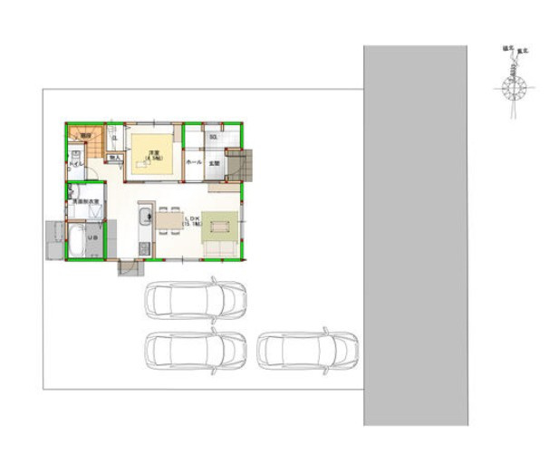オール電化デザイナーズハウス高松市国分寺町⑦の居間・リビング|お食事中もキッチンの奥様との会話が楽しめるダイニングキッチンスペース。