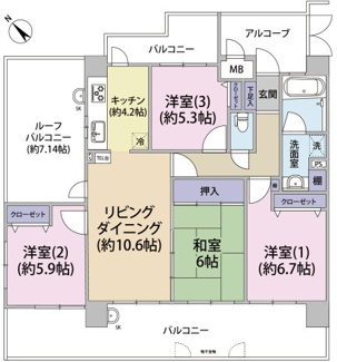 【間取り】 | グランパル西原 | 4LDK　生活居住空間100㎡超(バルコニー含む)