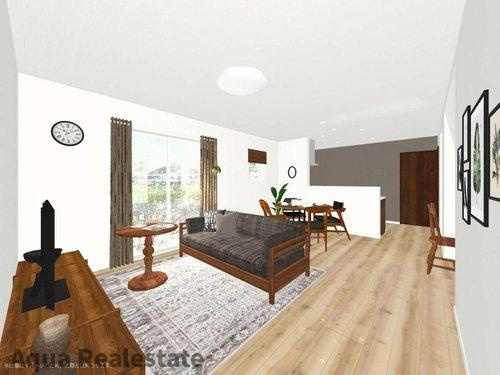 高松市円座町の新築一戸建の居間・リビング|ゆったり過ごせるリビングです