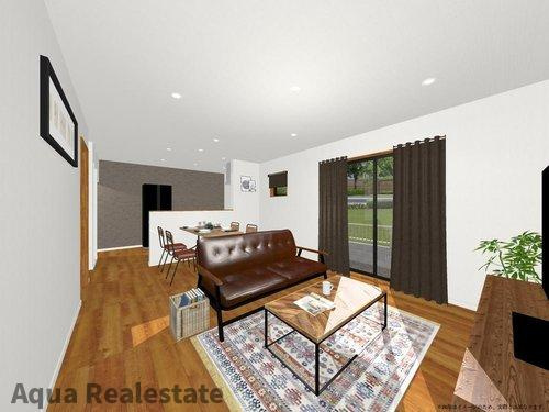 丸亀市津森町の新築一戸建の居間・リビング|こちらのリビングで趣味の時間をお楽しみください