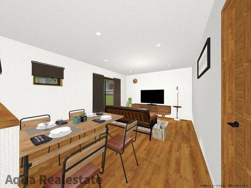 丸亀市津森町の新築一戸建の居間・リビング|こちらのリビングで趣味の時間をお楽しみください