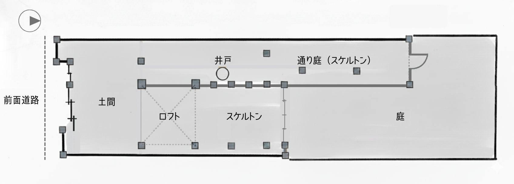 古都に凛と佇む、男前な事業用町家の間取り|町家らしい奥行のある間取り。お庭も広いです
