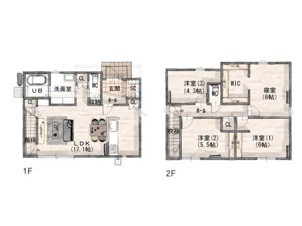 中鶴崎Ｗ　新築の間取り|※図面と現況が異なる場合は現況を優先とさせていただきます。
