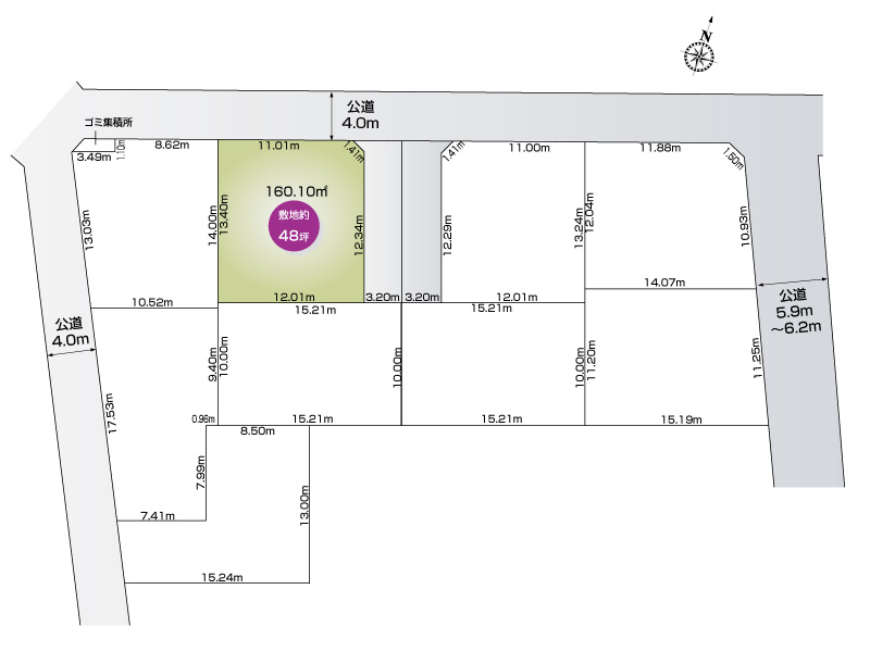行田市桜町３丁目９区画２号棟　区画図　土地 約48坪　※敷地内に電柱あり