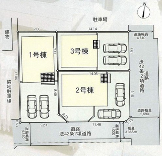 【区画図】 | 厚木市妻田西3丁目  1号棟 第14 | 1号棟　南側約3.3ｍ～約4.3ｍ公道（セットバック済）　駐車並列2台（車種によります）　敷地面積40.9坪