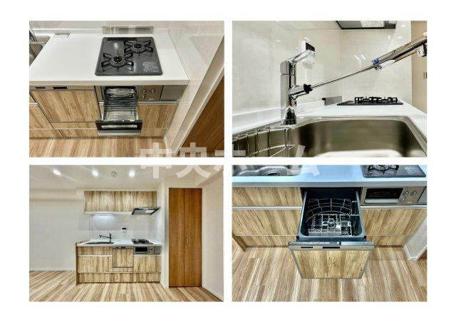 お花茶屋ダイヤモンドマンションのキッチン|【システムキッチン】ワイドで収納豊富な使い勝手の良いシステムキッチンには、食洗器・伸縮タイプのキッチン水栓、魚焼きグリルなどの便利な設備が標準完備されています。