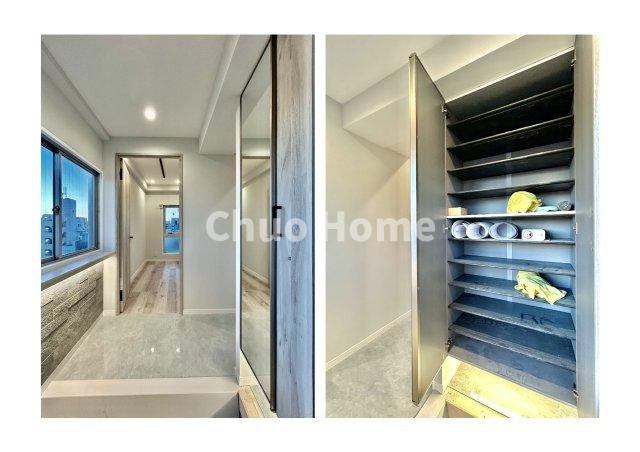 サンサーラ第2吾妻橋の玄関|【玄関】玄関には大型のシューズクローゼットを設置しておりますのでいつでもスッキリりとした空間を保てます。玄関周りを清潔に使うのはとても大事なことですよね。