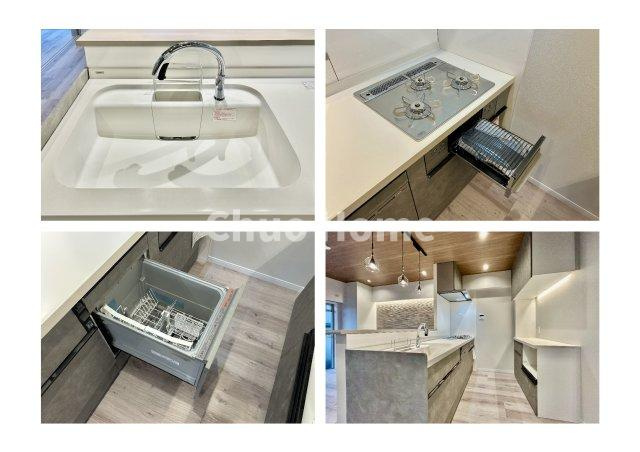 サンサーラ第2吾妻橋のキッチン|【システムキッチン】ワイドで収納豊富な使い勝手の良いカウンターキッチンには、食洗器や伸縮タイプのキッチン水栓、三ツ口コンロ・魚焼きグリルなどの便利な設備が標準完備されています。