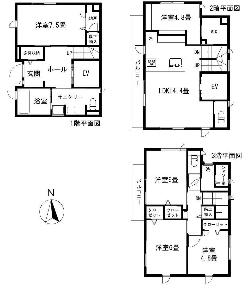 葛飾区青戸6丁目中古住宅の間取り|5LDK・ホームエレベーター付き・オール電化住宅です。3階にシャワー室設置。