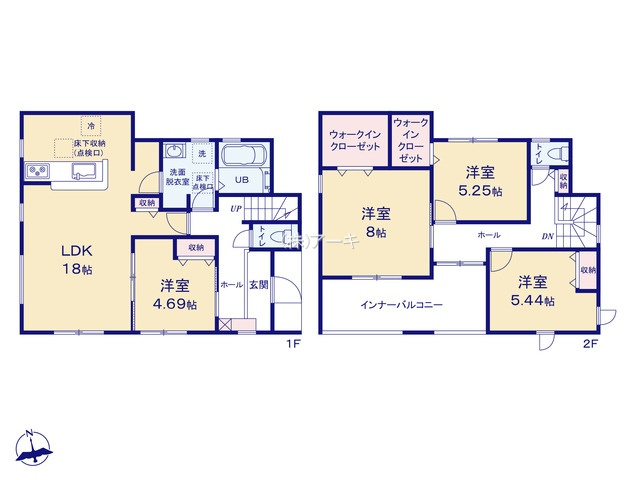 刈谷市小垣江町須賀288『仲介手数料無料』新築戸建ての間取り|　1号棟　1F:LDK18帖に隣接する洋室4.69帖はお子様の遊び場・奥様の家事室に便利♪キッチン収納♪2F:主寝室8帖・洋室5.25帖　WIC設置！洋室5.44帖　CL設置♪南面インナーバルコニー♪