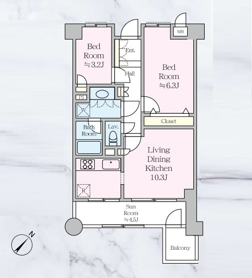 伊勢佐木クイントパラディオの間取り|2LDK、価格4480万円、専有面積55.73m2、バルコニー面積3.18m2