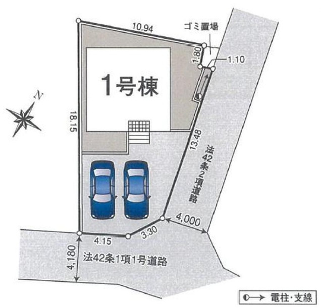 所沢市北野南2丁目・全1棟　新築一戸建　～東南角地～の区画図|並列駐車2台可(車種制限あり)、日当たり・通風良好な東南角地です。
