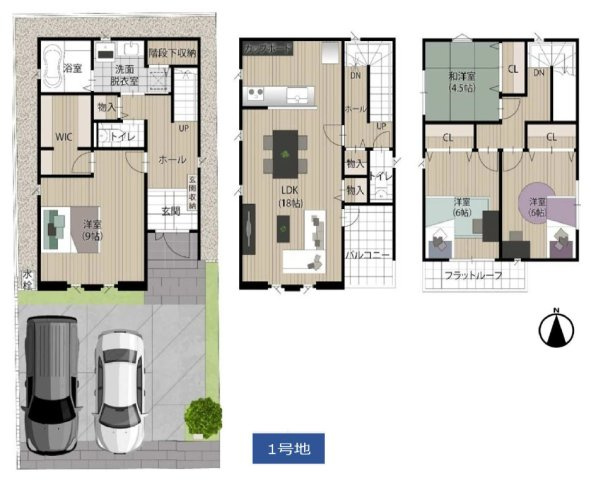 【間取り】 | 八尾市福万寺町南4丁目　【1号地/全3区画】 | 【タマタウン八尾福万寺1号地】「4LDK＋駐車2台可」LDKゆったり18帖、床暖房完備☆キッチンカップボード付き♪1F寝室に広々ウォークインクローゼット完備です♪