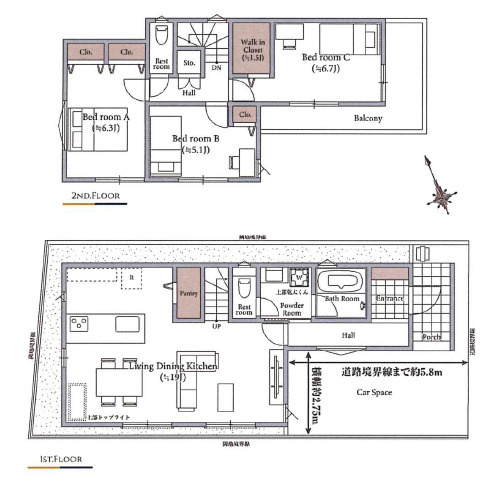 板橋区高島平5丁目　永住地×綺麗な街並み　限定3区画の参考プラン|1号地　3LDK+WIC+パントリー+カースペース　敷地面積 88.87ｍ2　建物面積 89.90ｍ2　建物価格 1,880万円
