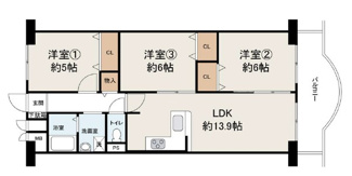 【間取り】 | エバーグリーン金岡　4号棟　 | 74.34㎡　3LDK間取り図です。