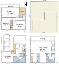 【土地図＋建物プラン例】 | LDK22帖以上+主寝室8帖以上+WIC+車庫付4LDKプラン（建物面積116.75平米）