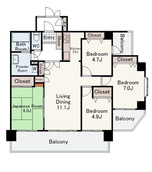 【間取り】 | エイルスクエア千鳥 | 約14.5帖の南向きリビングはお好きなレイアウトを楽しめます。３面バルコニー付きの明るい4LDKです
