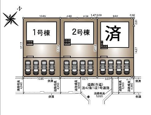 宮崎市大塚町第１２－１　新築戸建の区画図|【区画図】
駐車スペース並列4台可能。（車種によります）