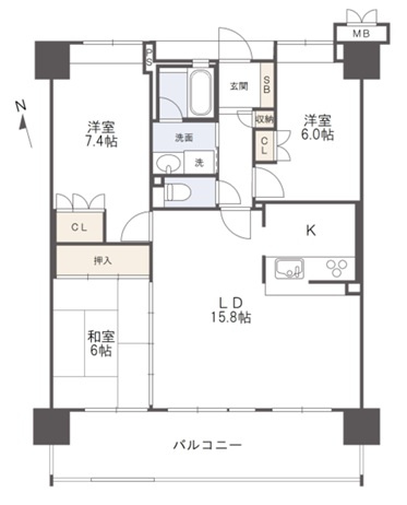 アルファステイツ知寄Ⅱの間取り|ＬＤ約１５．８帖、和室６畳、洋室約７．４帖、約６帖。幅８．５ｍのワイドスパンの間取りです。
