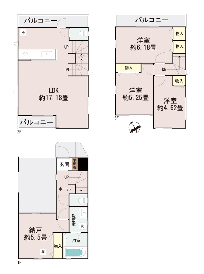 富士見市大字鶴馬の新築一戸建の間取り|明るく開放感のあるワンフロアタイプの2階LDKはゆったり17.1帖！
全居室収納付きでお部屋をスッキリお使い頂けます。