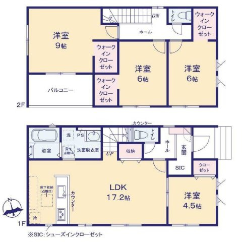 新築　前橋市元総社町1期　１号棟の間取り|建物面積106.1㎡　全居室南向き♪シューズインクローク・ウォークインクローゼット3か所・各部屋収納付きで便利です！インナーバルコニーなので急な雨でもお洗濯物も安心です。