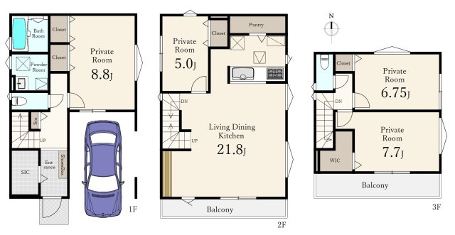 板橋区小茂根1丁目 限定1区画の参考プラン|2分割プラン
　A区画　土地面積77.93㎡　約23.57坪　南側　土地価格8,700万円
　建物面積122.86㎡　建物参考価格2970万円
