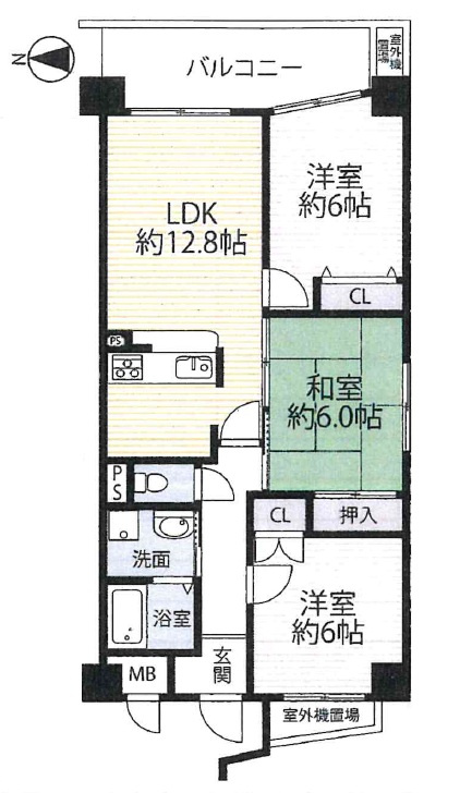 アルモード京都高辻の間取り|3LDK、価格4480万円、専有面積66.29㎡、バルコニー面積7.97㎡