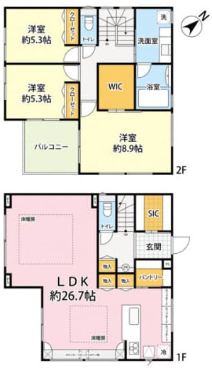 町田市西成瀬1丁目 新築戸建ての間取り|【間取り】
6590万円、3LDK、土地面積197.56m²、建物面積116.31m²