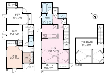 固定階段の小屋裏収納あり。水回りがまとまり家事動線良好