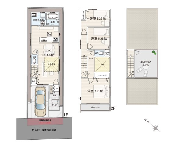 【土地図＋建物プラン例】 | 和光市白子2丁目　建築条件付売地（成増店） | 【敷地面積】79.04ｍ2
【延床面積】87.15ｍ2＋吹抜4.19ｍ2＋屋上テラス10.76ｍ2
【土地建物総額】5,680万円(税込)