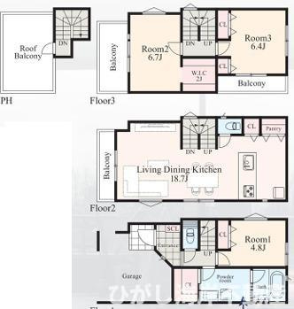 茅ヶ崎市柳島海岸　新築戸建　全６棟の間取り|ルーフバルコニー付　３LDKです。