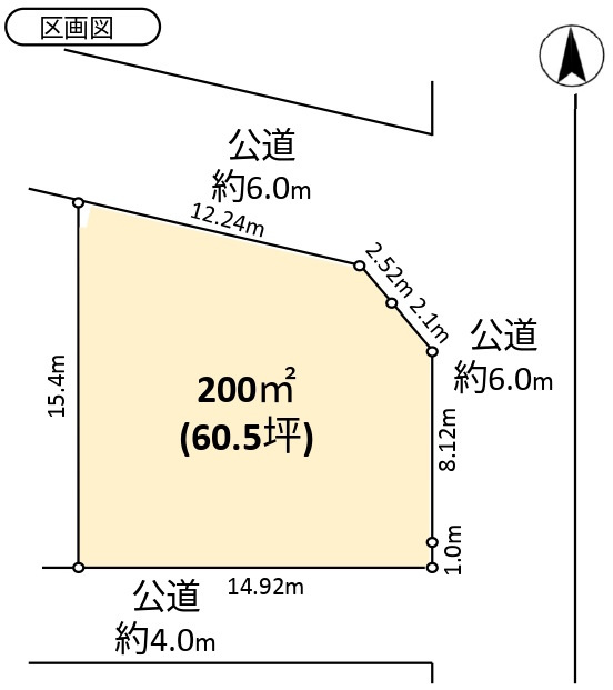 敷地面積60.5坪　売地　富士見市上南畑の土地図|区画図　敷地面積60.5坪！建築条件なし売地！お好きなハウスメーカーで建築できます♪
三方角地！北側約6.0ｍ公道、東側約6.0ｍ公道、南側約4.0ｍ公道